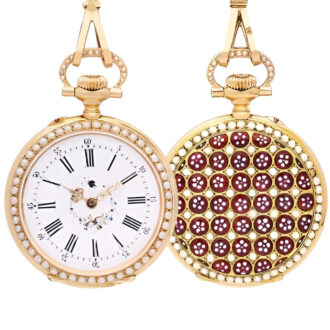 Swiss gold, enamel and pearl set chatelaine watch Circa 1800
