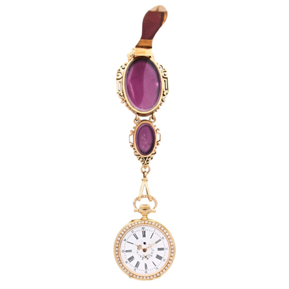 Swiss gold, enamel and pearl set chatelaine watch Circa 1800 Swiss gold, enamel and pearl set chatelaine watch Circa 1800