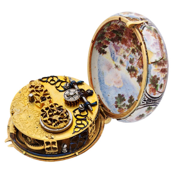 French gold and painted enamel single hand watch Circa 1660 French gold and painted enamel single hand watch Circa 1660