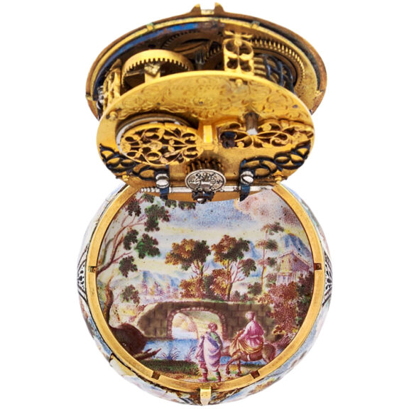French gold and painted enamel single hand watch Circa 1660 French gold and painted enamel single hand watch Circa 1660