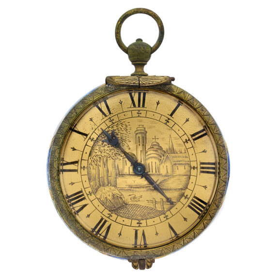 Dutch gilt metal watch with painted enamel scene Circa 1725 Dutch gilt metal watch with painted enamel scene Circa 1725