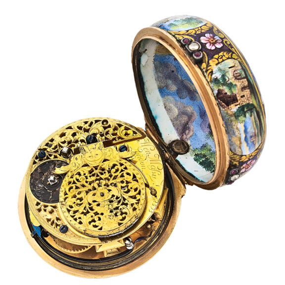 English 20K gold and painted enamel watch Circa 1710 English 20K gold and painted enamel watch Circa 1710