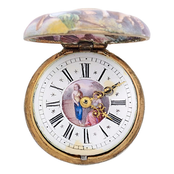 Swiss gold and painted enamel full hunter watch Circa 1800 Swiss gold and painted enamel full hunter watch Circa 1800