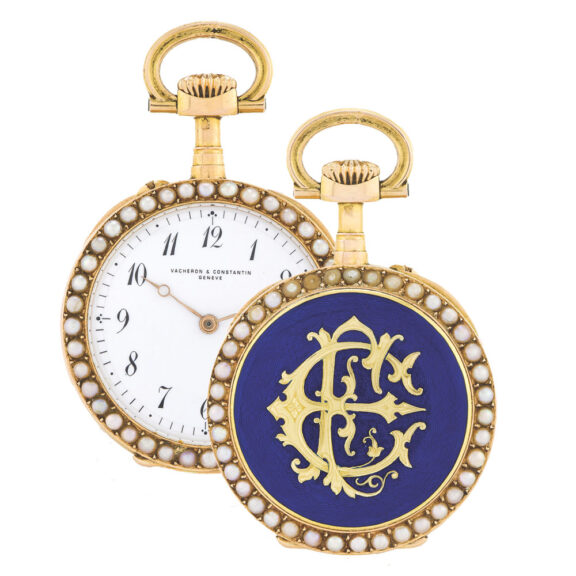 Swiss gold enamel & pearl pendant watch Circa 1890 Swiss gold enamel & pearl pendant watch Circa 1890