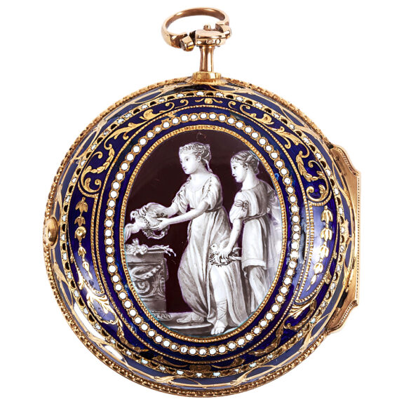 English 18K gold watch with grisaille enamel painting Circa 1770