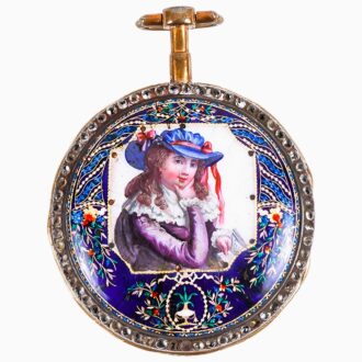 Swiss gilt metal and painted enamel pocket watch Circa 1790