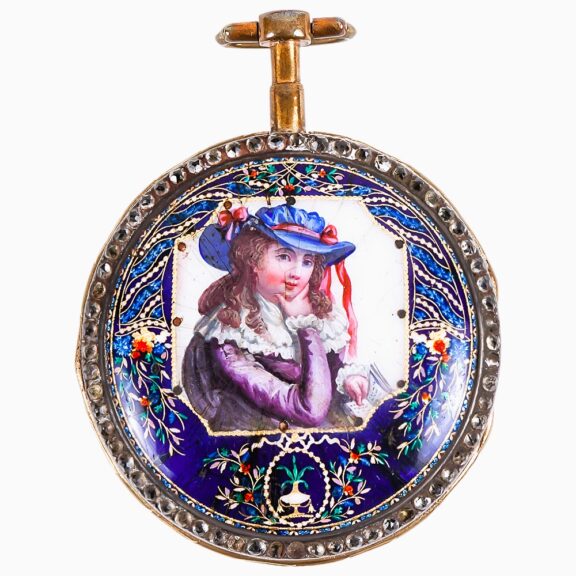 Swiss gilt metal and painted enamel pocket watch Circa 1790