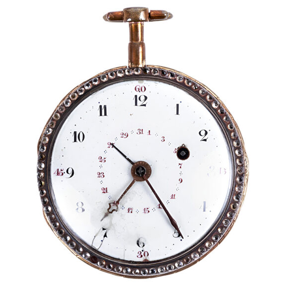 Swiss gilt metal and painted enamel pocket watch Circa 1790 Swiss gilt metal and painted enamel pocket watch Circa 1790