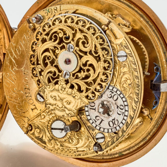An English verge in 20 carat gold repousse pair cases Circa 1780 An English verge in 20 carat gold repousse pair cases Circa 1780