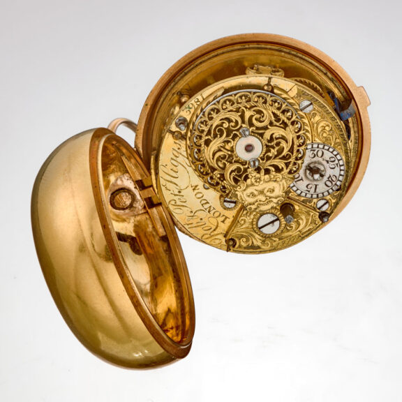 An English verge in 20 carat gold repousse pair cases Circa 1780 An English verge in 20 carat gold repousse pair cases Circa 1780