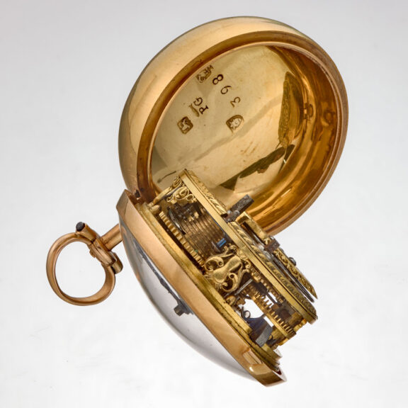 An English verge in 20 carat gold repousse pair cases Circa 1780 An English verge in 20 carat gold repousse pair cases Circa 1780