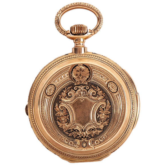 Swiss gold enamel and engraved full hunter Circa 1895 Swiss gold enamel and engraved full hunter Circa 1895