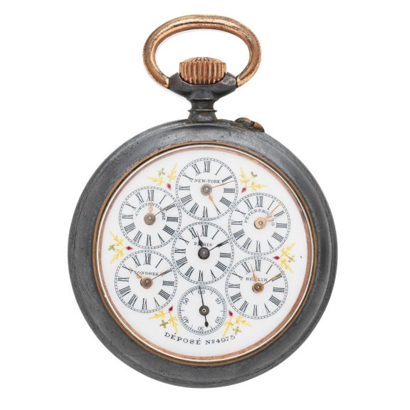 Rare Swiss gunmetal lever watch with six time zones Circa 1890