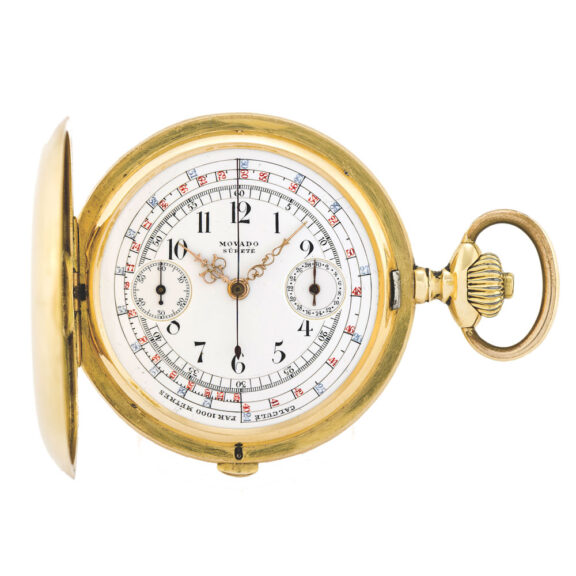 Swiss gold hunting cased lever chronograph with tachymeter Circa 1910