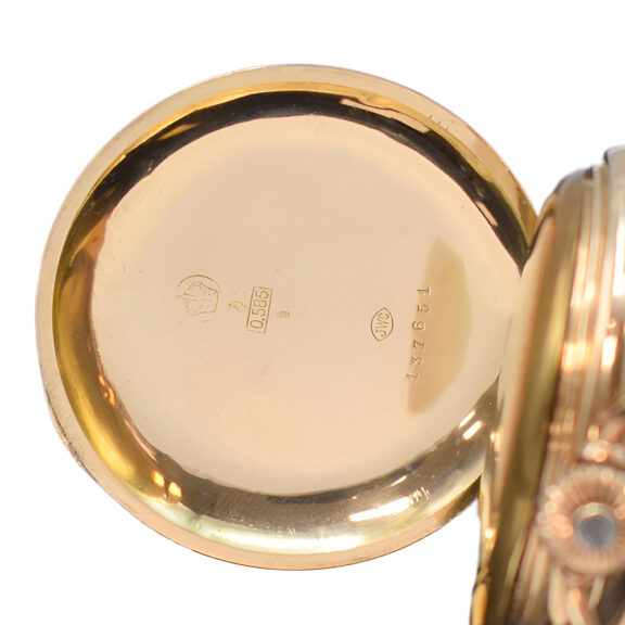 Swiss 14 carat pink gold full hunter pocket watch Circa 1895 Swiss 14 carat pink gold full hunter pocket watch Circa 1895