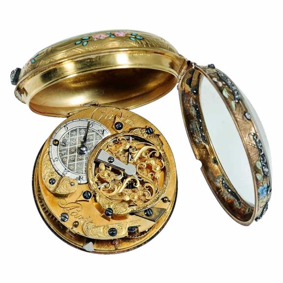 French ornamental gold enamel verge pocket watch Circa 1770 French ornamental gold enamel verge pocket watch Circa 1770