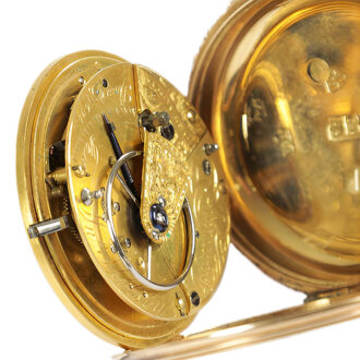 English 18K gold chased open faced pocket watch Circa 1825