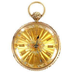 English 18K gold chased open faced pocket watch Circa 1825