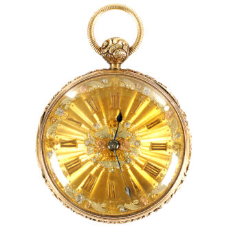 English 18K gold chased open faced pocket watch Circa 1825