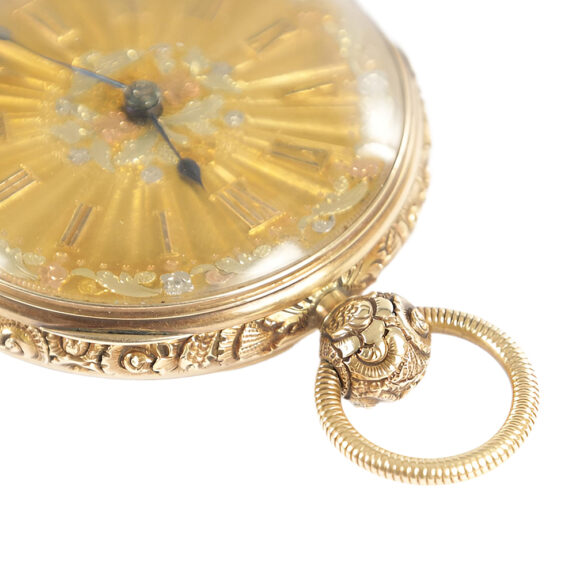 English 18K gold chased open faced pocket watch Circa 1825 English 18K gold chased open faced pocket watch Circa 1825