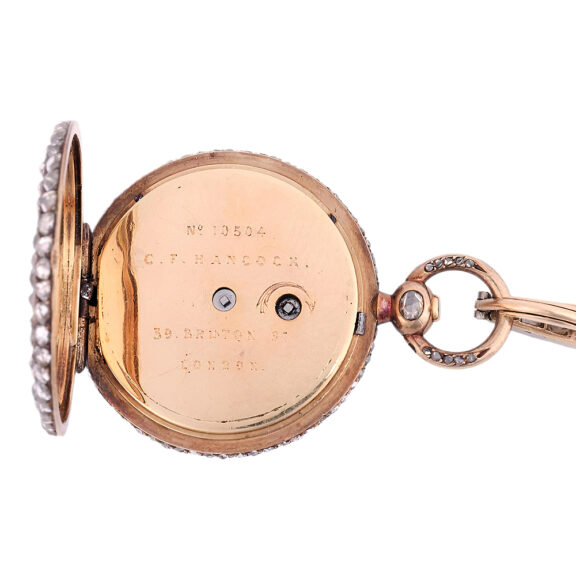 English gold and diamond set lady's pendant watch Circa 1865 English gold and diamond set lady's pendant watch Circa 1865