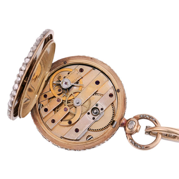 English gold and diamond set lady's pendant watch Circa 1865 English gold and diamond set lady's pendant watch Circa 1865