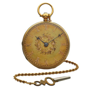 English yellow gold watch with yellow gold chain and steel key Circa 1855