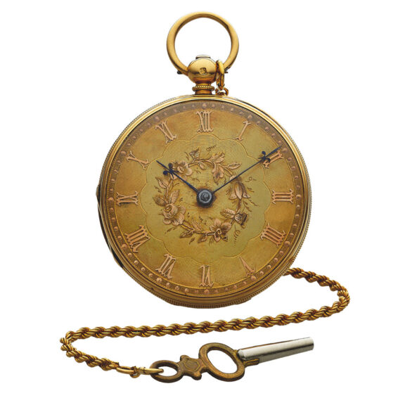 English yellow gold watch with yellow gold chain and steel key Circa 1855