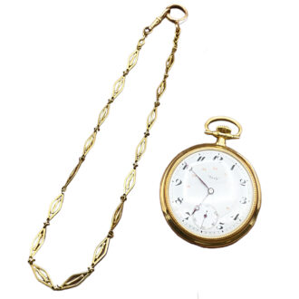 French gold open faced pocket watch with vest chain Circa 1920