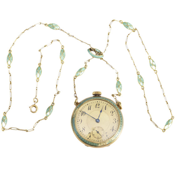 Swiss gold enamel pendant watch with matching chain Circa 1910 Swiss gold enamel pendant watch with matching chain Circa 1910