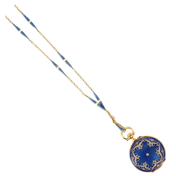 Swiss gold enamel lady's watch with matching chain Circa 1900 Swiss gold enamel lady's watch with matching chain Circa 1900