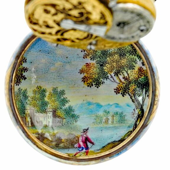 Swiss gold and enamel open faced verge watch Circa 1680 Swiss gold and enamel open faced verge watch Circa 1680