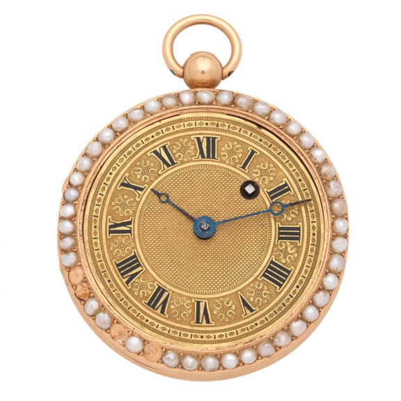 Fine French 18K key wind pearl set cylinder watch Circa 1830 Fine French 18K key wind pearl set cylinder watch Circa 1830