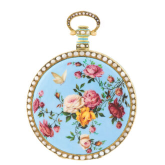 The back with very finely painted on enamel, a branch of pink, red, white and yellow roses and a white butterfly against a light blue enamel ground