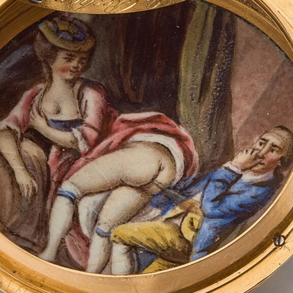 French gold verge watch with a funny erotic scene Circa 1750 French gold verge watch with a funny erotic scene Circa 1750