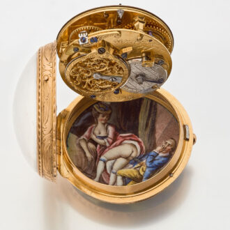 French gold verge watch with a funny erotic scene Circa 1750