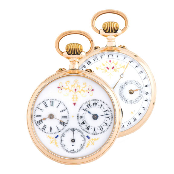 Swiss double dial triple calendar dual time zone pocket watch Circa 1890