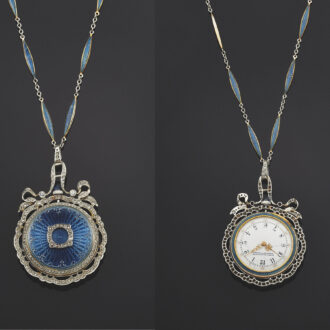 Swiss gold enamel platinum and rose cut diamond set pendant watch Circa 1900 Swiss gold enamel platinum and rose cut diamond set pendant watch Circa 1900