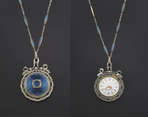 Swiss gold enamel platinum and rose cut diamond set pendant watch Circa 1900 Swiss gold enamel platinum and rose cut diamond set pendant watch Circa 1900