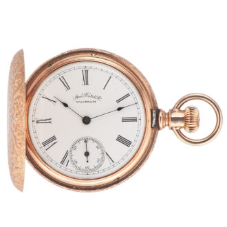 Fine and rare, 14K pink gold, hunting-cased keyless American Waltham pocket watch Circa 1889