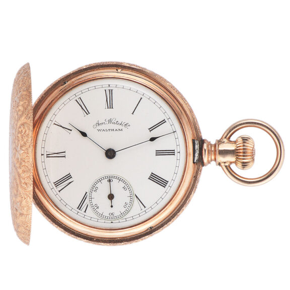 Fine and rare, 14K pink gold, hunting-cased keyless American Waltham pocket watch Circa 1889 Fine and rare, 14K pink gold, hunting-cased keyless American Waltham pocket watch Circa 1889