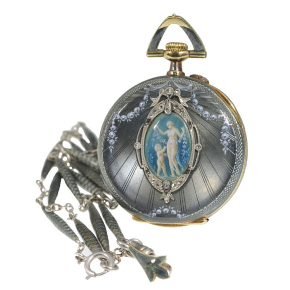 Swiss gold, enamel and diamonds pendant watch Circa 1911 Swiss gold, enamel and diamonds pendant watch Circa 1911