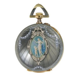 Swiss gold, enamel and diamonds pendant watch Circa 1911