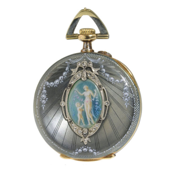 Swiss gold, enamel and diamonds pendant watch Circa 1911