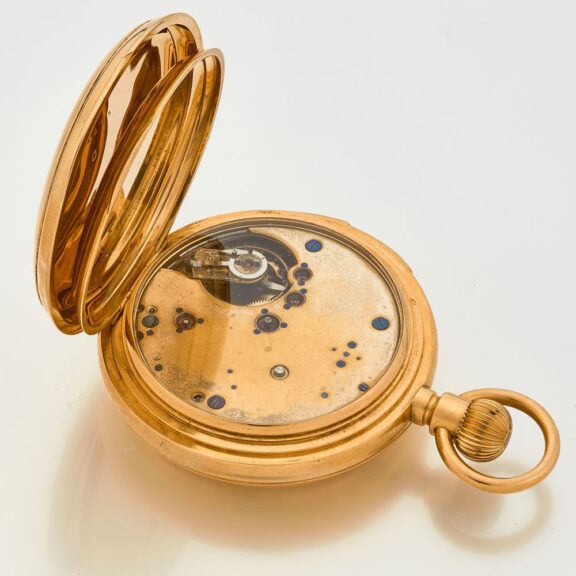 English gold hunting cased minute repeating lever Circa 1885 English gold hunting cased minute repeating lever Circa 1885