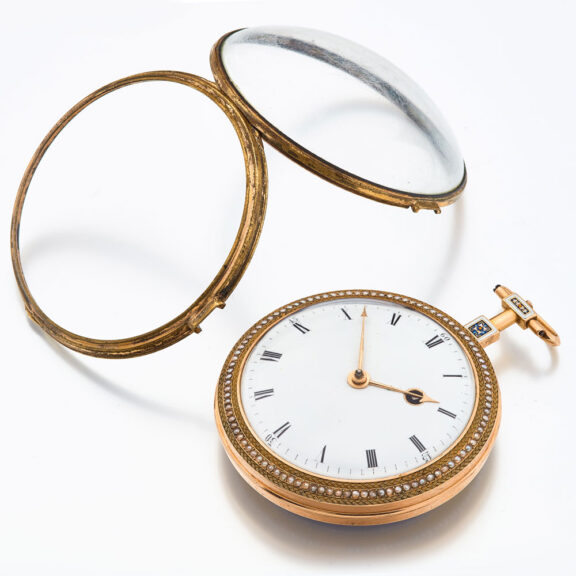 French gold pearl set watch with protective case Circa 1790 French gold pearl set watch with protective case Circa 1790