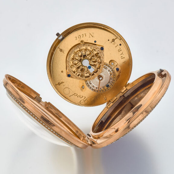 French gold pearl set watch with protective case Circa 1790 French gold pearl set watch with protective case Circa 1790