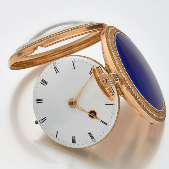 French gold pearl set watch with protective case Circa 1790 French gold pearl set watch with protective case Circa 1790