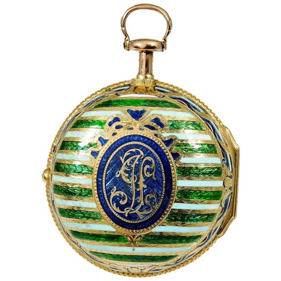 English 20k gold and enamel quarter repeater Circa 1749 English 20k gold and enamel quarter repeater Circa 1749