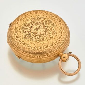 Front bezel opened by depressing the button at the gold pendant.